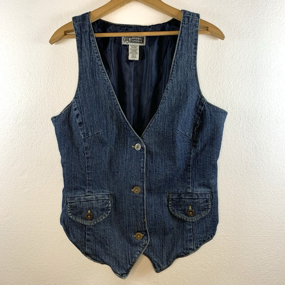 Vintage Route 66 Women Y2K Denim Vest Top Sz L Cowgirl Cottage Boho Grunge Indie - Picture 1 of 11